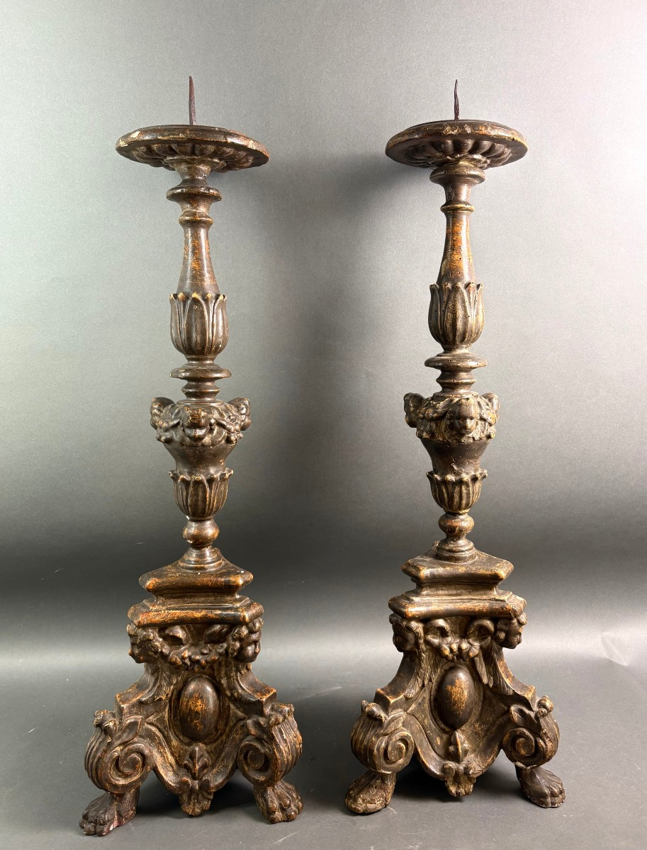 Paire De Grands Pique-cierges Candélabres Baroque Italien 18éme