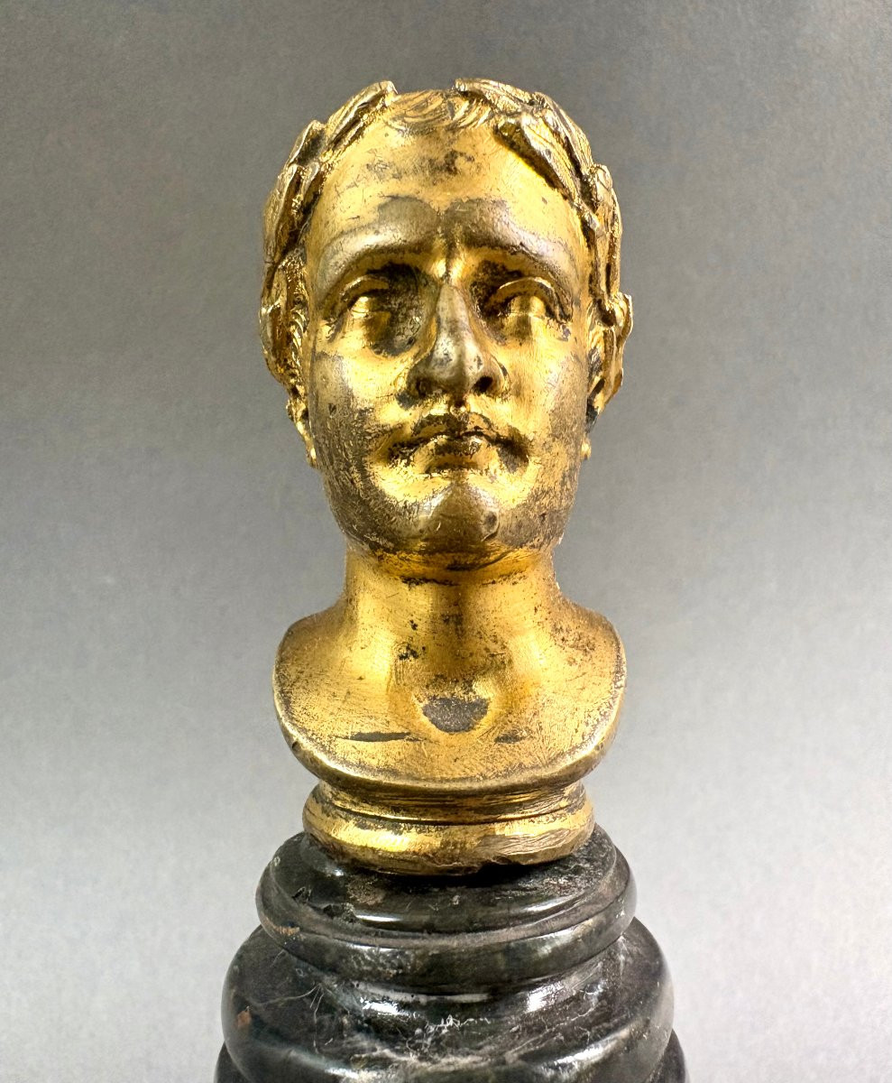 Early 19th Gilt Bronze Bust Of Napoleon Marble Column, Empire Period-photo-3