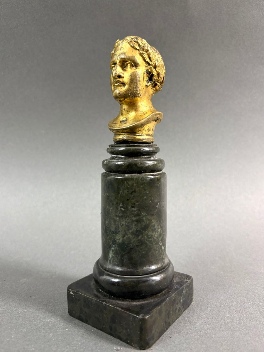 Early 19th Gilt Bronze Bust Of Napoleon Marble Column, Empire Period-photo-4