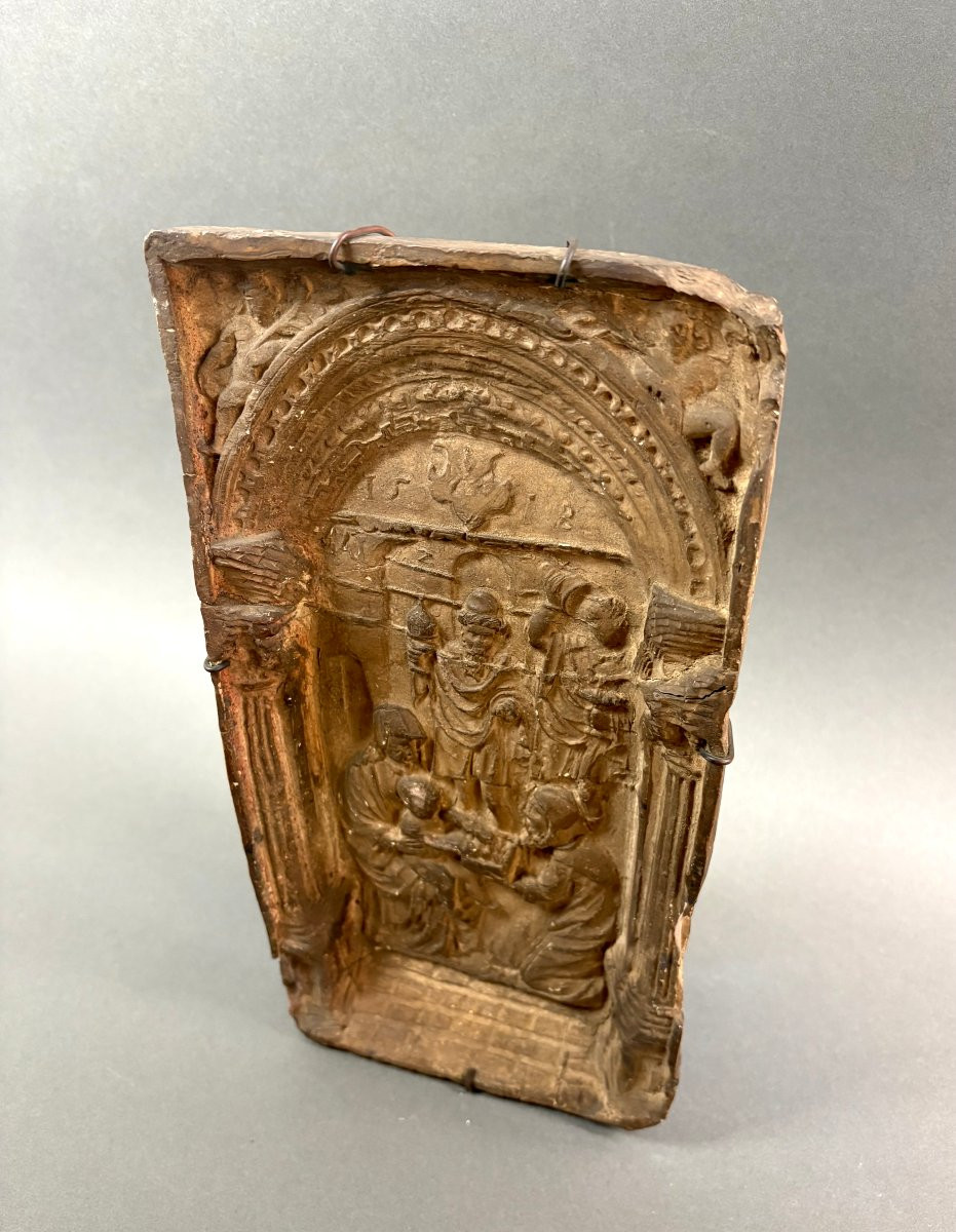 Bas-relief en Terre Cuite Renaissance "L'adoration des Mages" daté 1518-photo-2