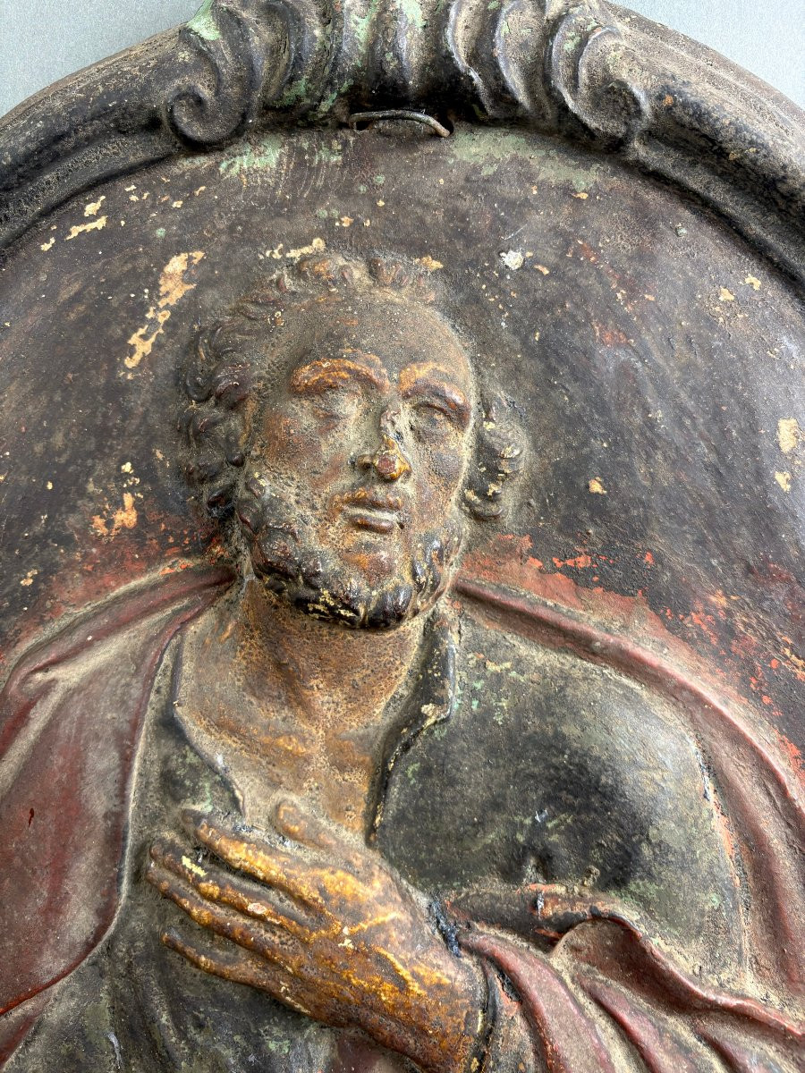 Large 18th-century Polychrome Terracotta Baroque Medallion Of Saint Paul-photo-2
