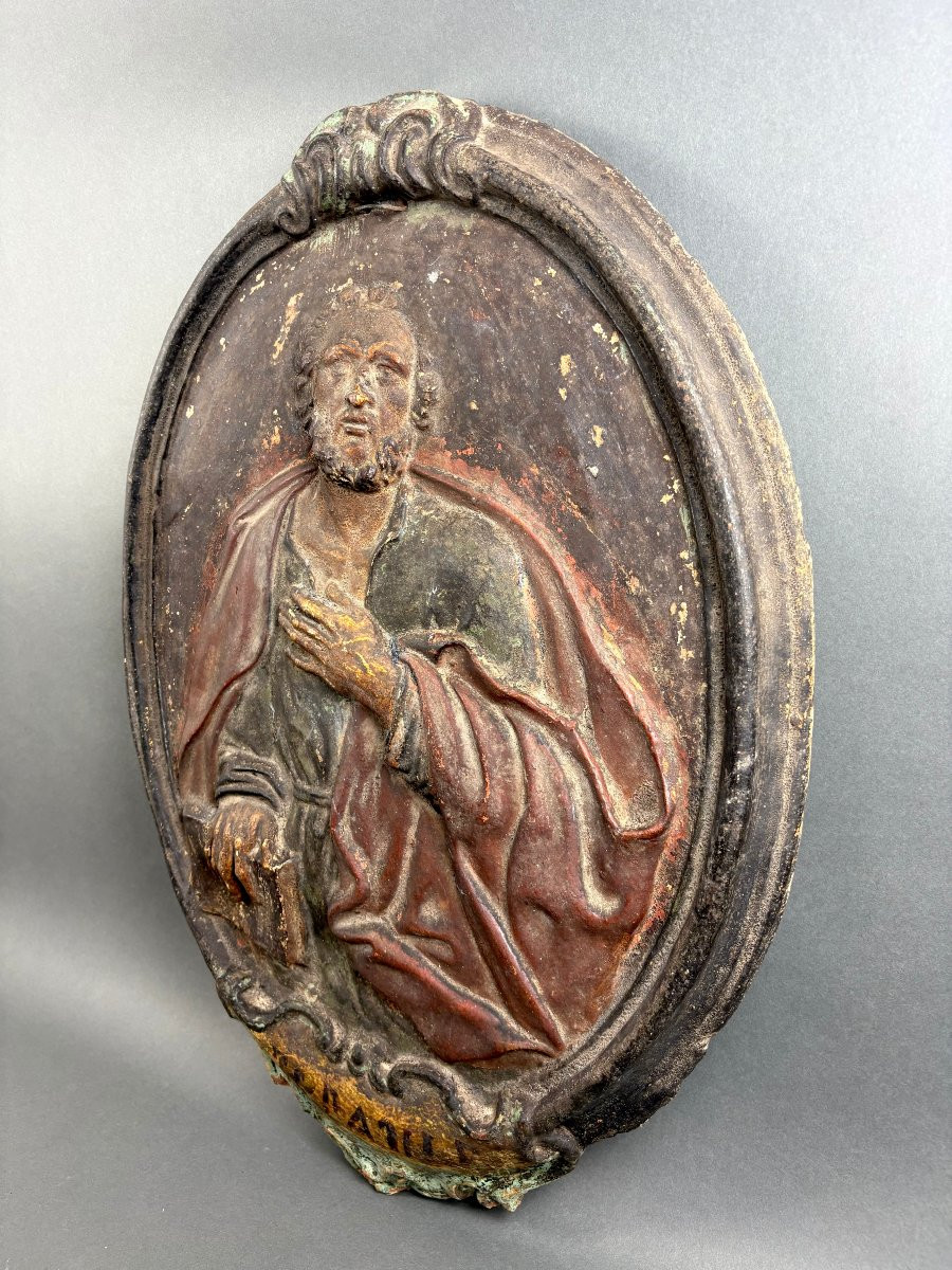 Large 18th-century Polychrome Terracotta Baroque Medallion Of Saint Paul-photo-3