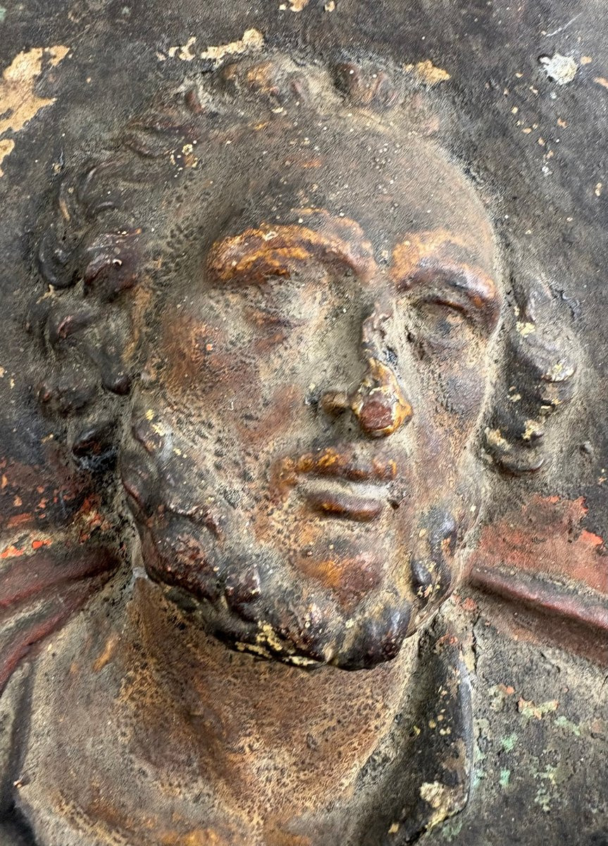Large 18th-century Polychrome Terracotta Baroque Medallion Of Saint Paul-photo-1