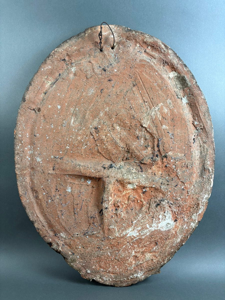 Large 18th-century Polychrome Terracotta Baroque Medallion Of Saint Paul-photo-5