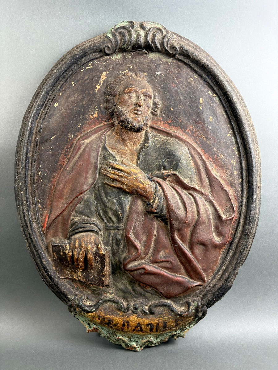 Large 18th-century Polychrome Terracotta Baroque Medallion Of Saint Paul