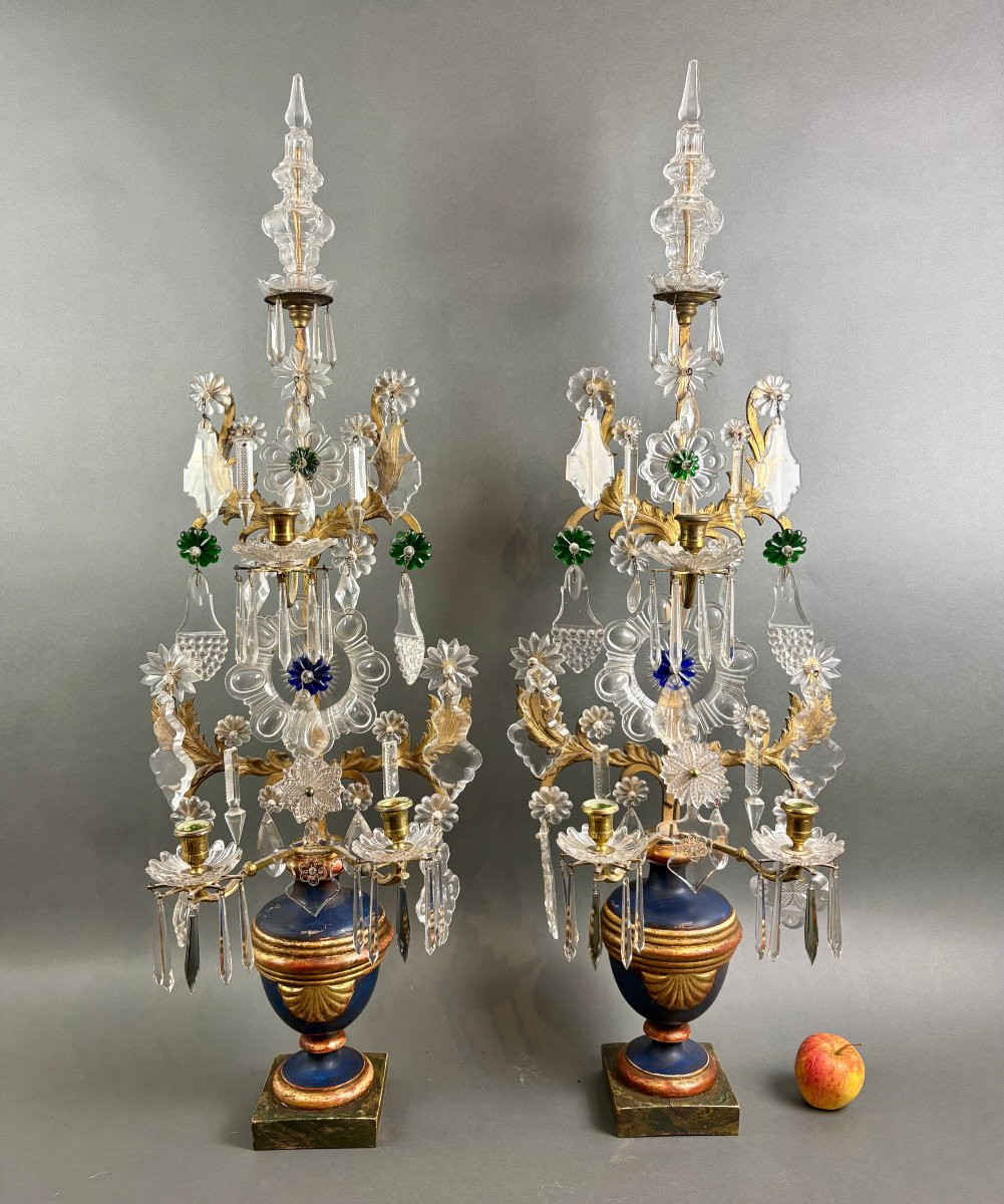 Impressive Pair Of Louis XVI Girandoles Candlesticks Crystal Gilt Bronze-photo-2