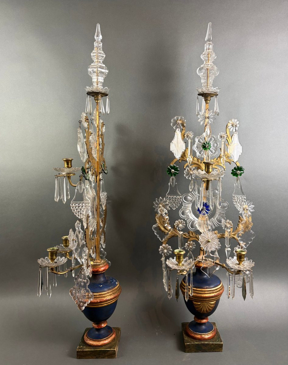 Impressive Pair Of Louis XVI Girandoles Candlesticks Crystal Gilt Bronze-photo-3