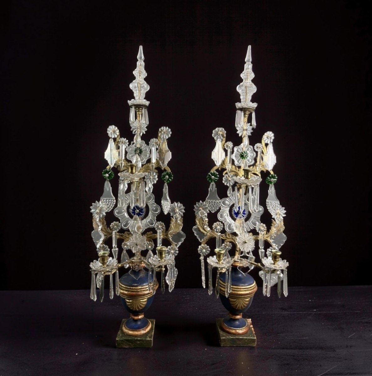 Impressive Pair Of Louis XVI Girandoles Candlesticks Crystal Gilt Bronze