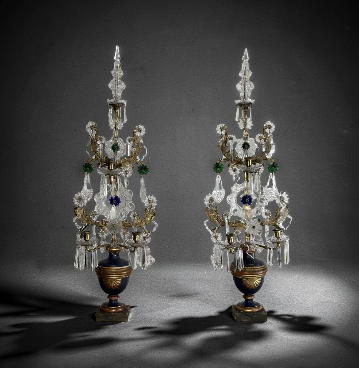 Imposante Paire de Girandoles Candélabres Louis XVI Cristal Bronze Doré-photo-2