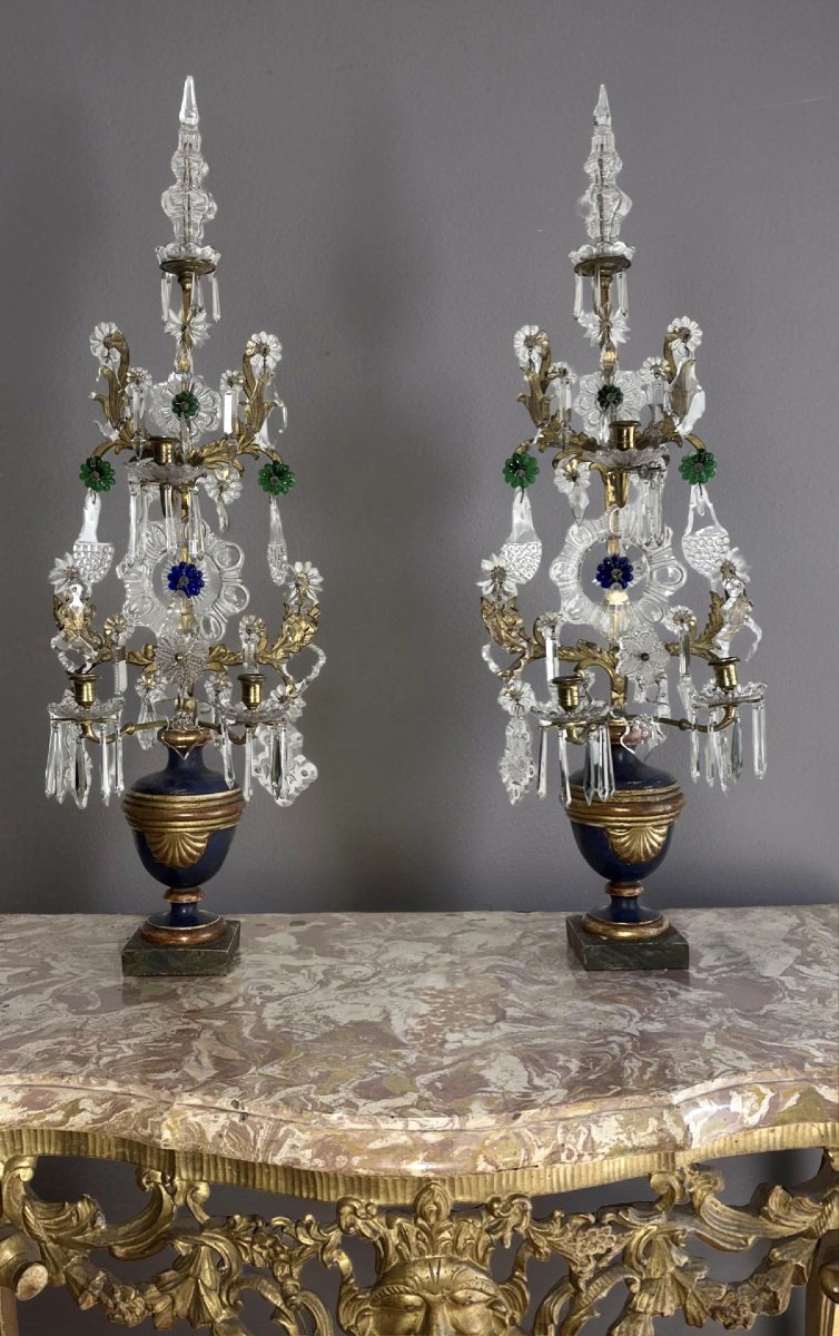 Imposante Paire de Girandoles Candélabres Louis XVI Cristal Bronze Doré-photo-3