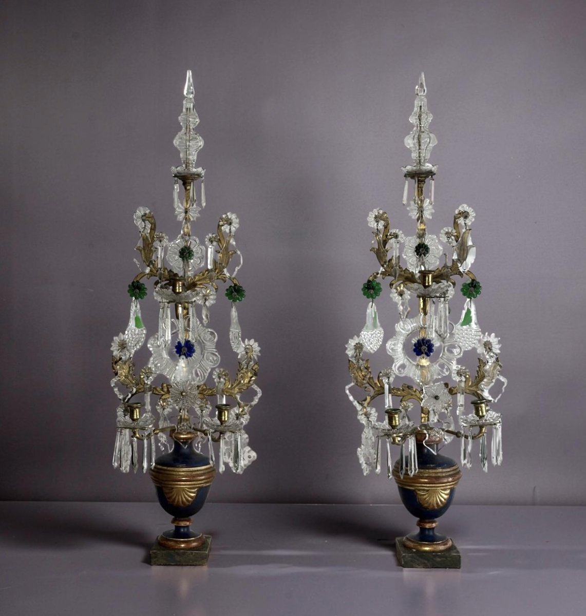 Imposante Paire de Girandoles Candélabres Louis XVI Cristal Bronze Doré-photo-4
