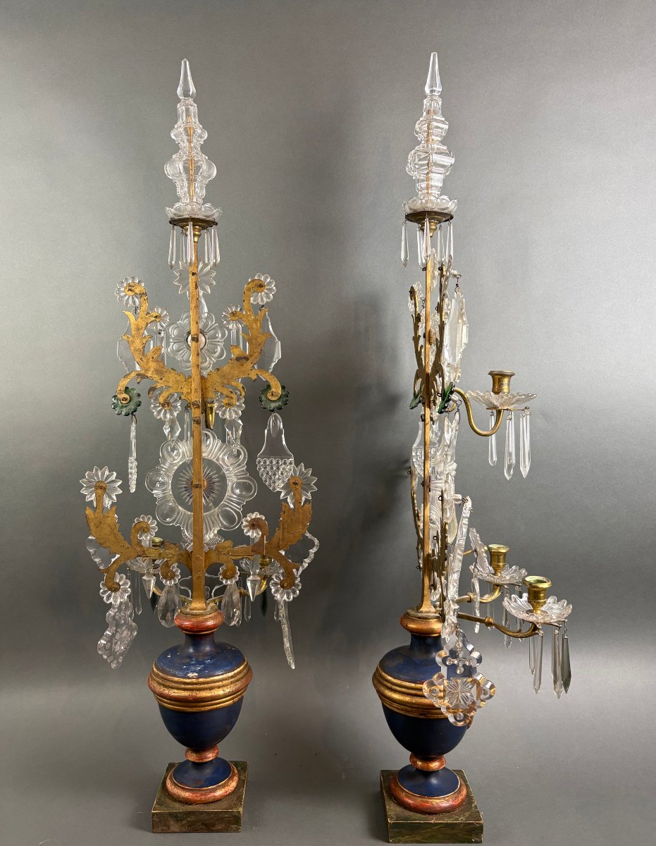 Imposante Paire de Girandoles Candélabres Louis XVI Cristal Bronze Doré-photo-1
