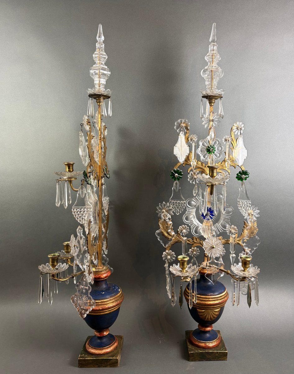 Imposante Paire de Girandoles Candélabres Louis XVI Cristal Bronze Doré-photo-2