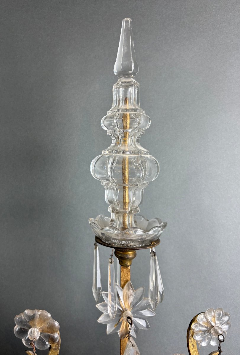 Imposante Paire de Girandoles Candélabres Louis XVI Cristal Bronze Doré-photo-8