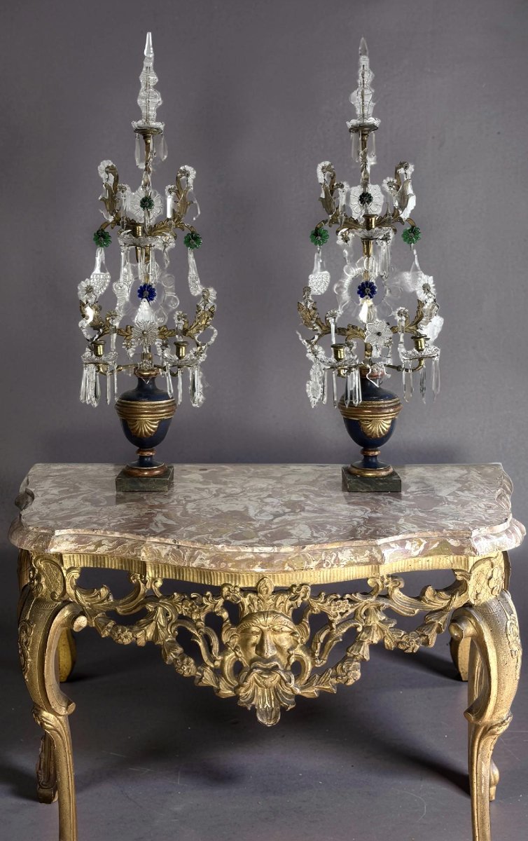 Imposante Paire de Girandoles Candélabres Louis XVI Cristal Bronze Doré