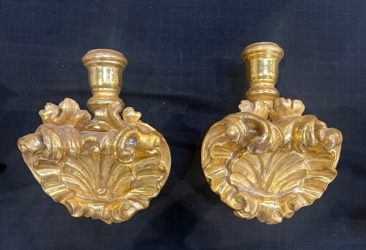 Paire de Grands Etagères Baroque avec Bougeoir en Bois Doré XVIIIe siècle-photo-3