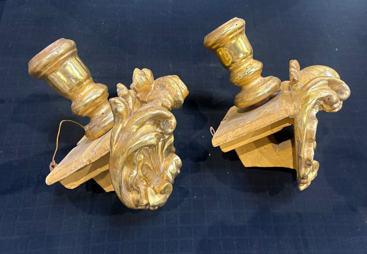 Paire de Grands Etagères Baroque avec Bougeoir en Bois Doré XVIIIe siècle-photo-3