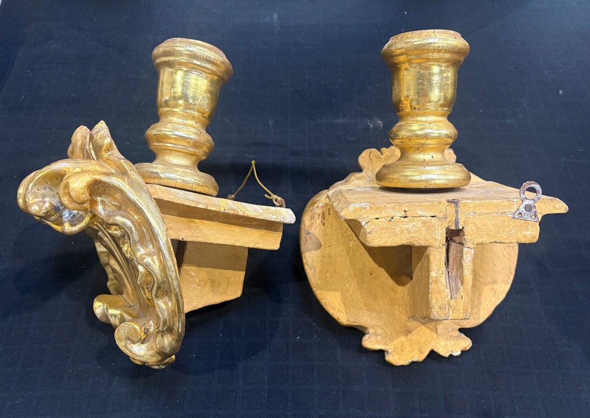 Paire de Grands Etagères Baroque avec Bougeoir en Bois Doré XVIIIe siècle-photo-5