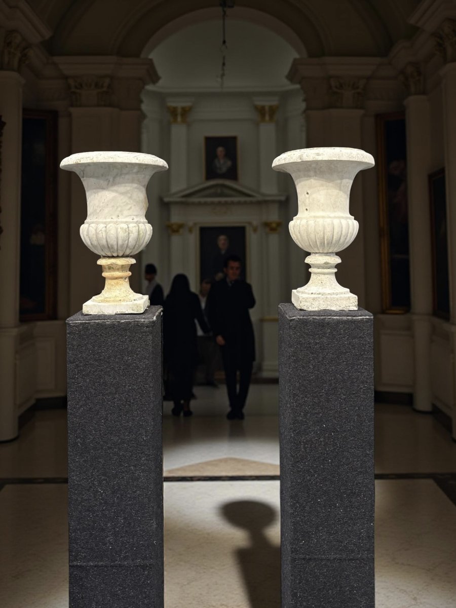 17th Pair Of Medici Vases In Carrara Marble-photo-8