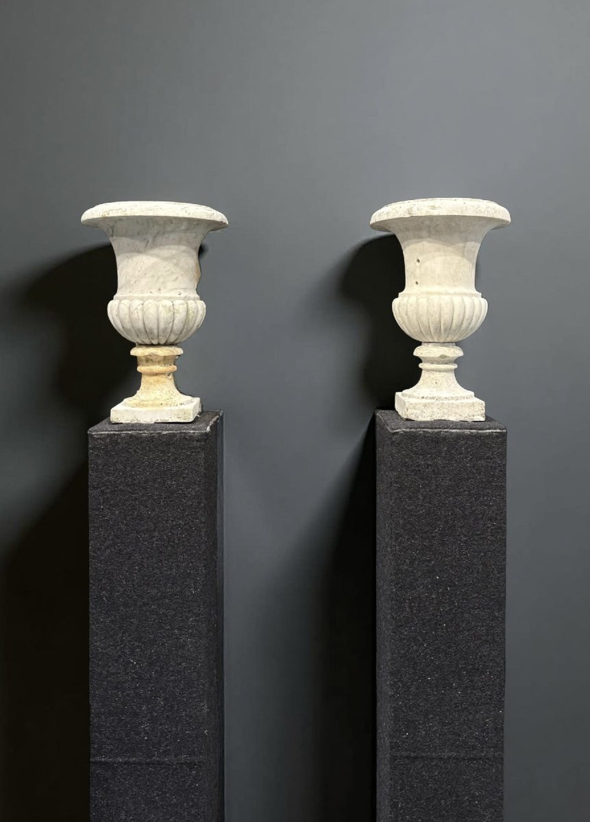 17th Pair Of Medici Vases In Carrara Marble