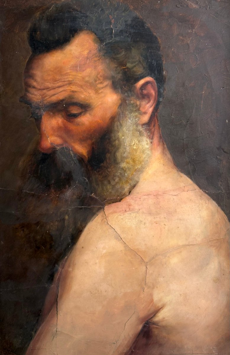 Portrait Nu Masculin Académique à l'Huile fin 19éme