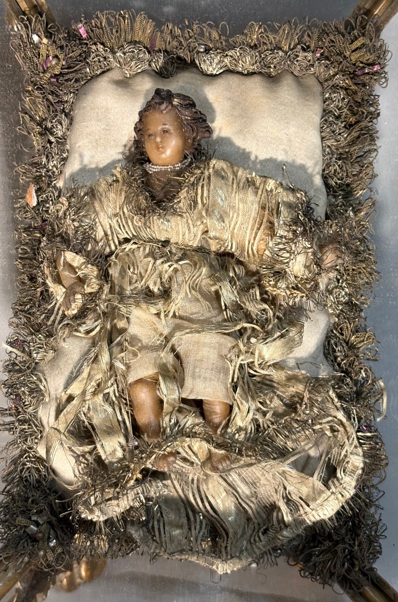 Chasse en Bois Doré contenant l'Enfant Jésus en Cire, XVIIIe siècle-photo-3