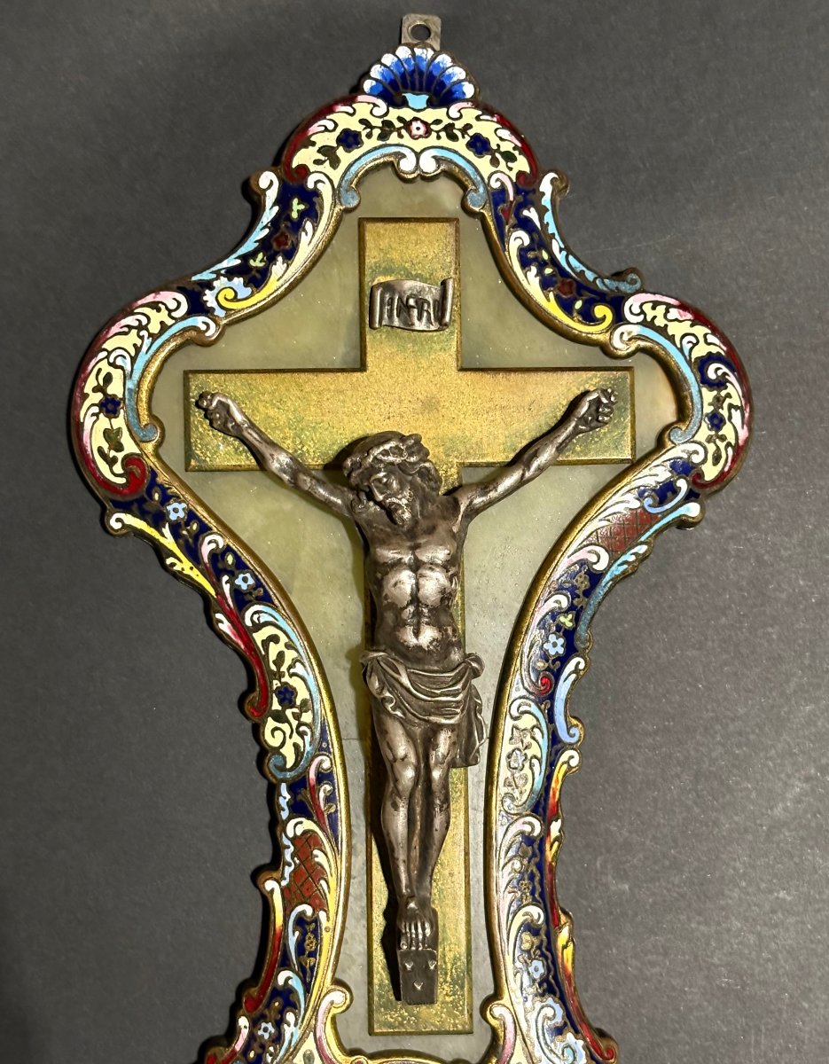Bénitier avec Christ en Argent Massif et Emaux Champlevé, XIXe siècle-photo-2