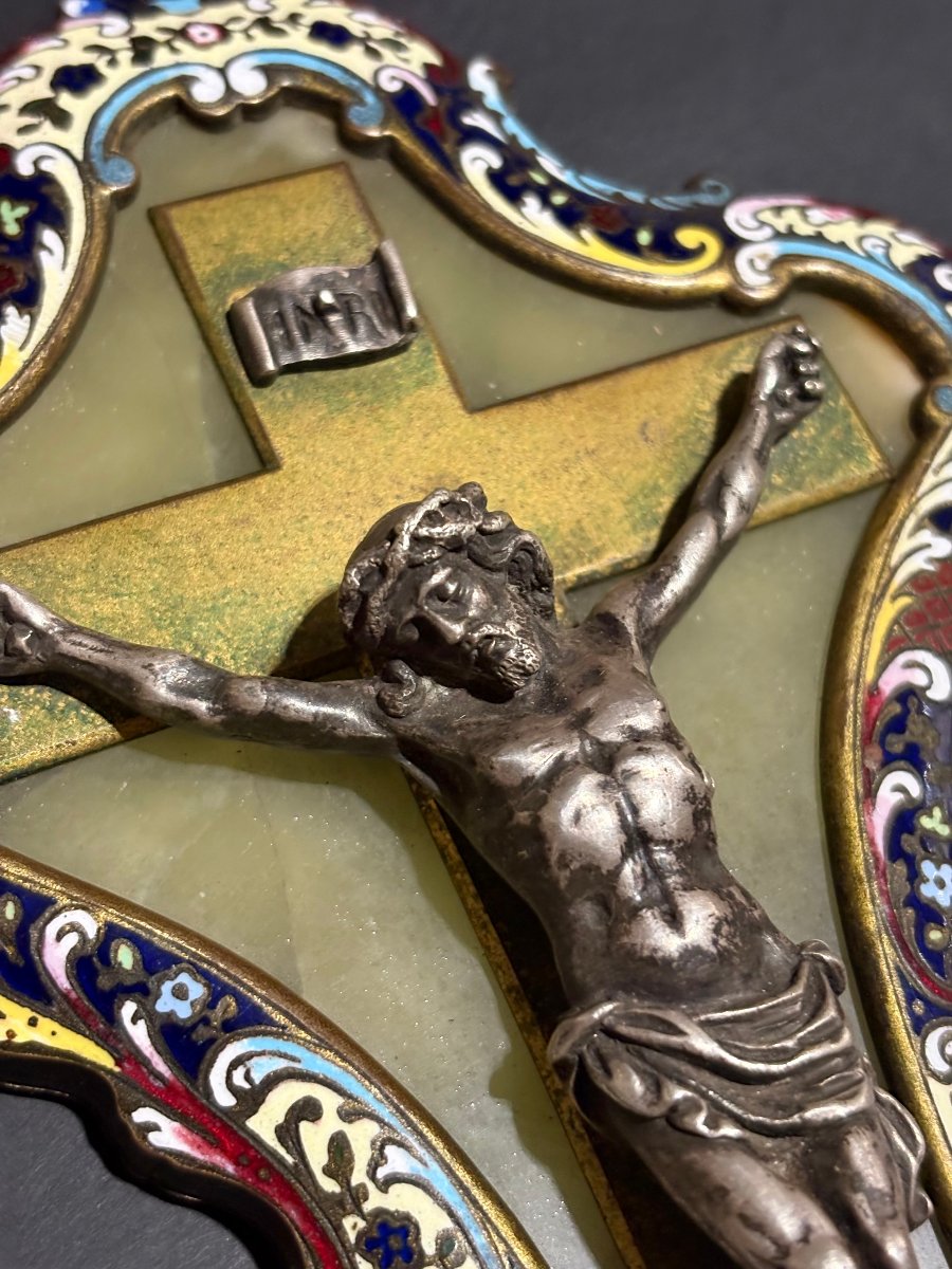Bénitier avec Christ en Argent Massif et Emaux Champlevé, XIXe siècle-photo-3
