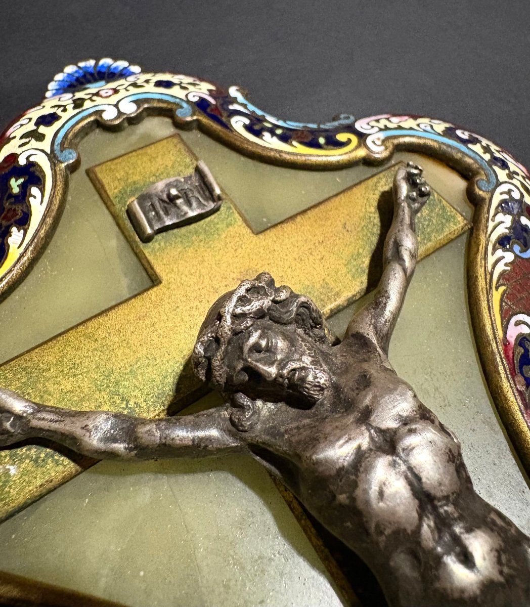 Bénitier avec Christ en Argent Massif et Emaux Champlevé, XIXe siècle-photo-1