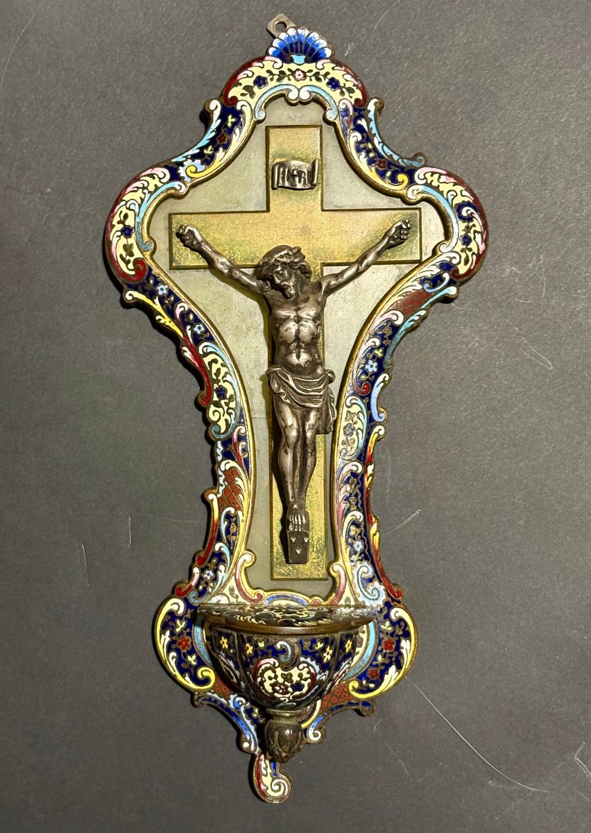 Bénitier avec Christ en Argent Massif et Emaux Champlevé, XIXe siècle-photo-6