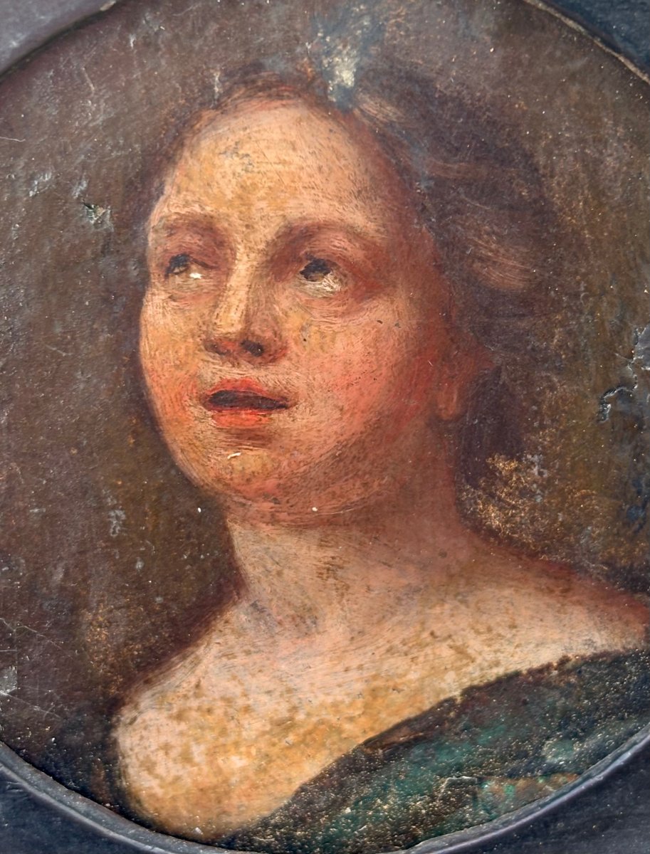 Portrait de Femme Miniature sur Cuivre, XVIIe siècle-photo-1