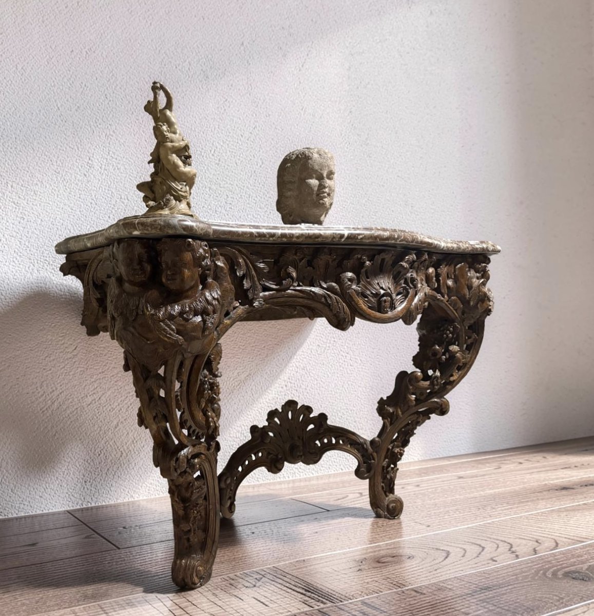 Mid-18th Large French Louis XV Console Table In Natural Wood-photo-2