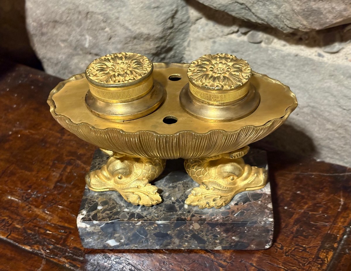 Empire Style Inkwell In A Basket-shaped Form, Gilded Bronze (ormolu), Early 19th Century-photo-4