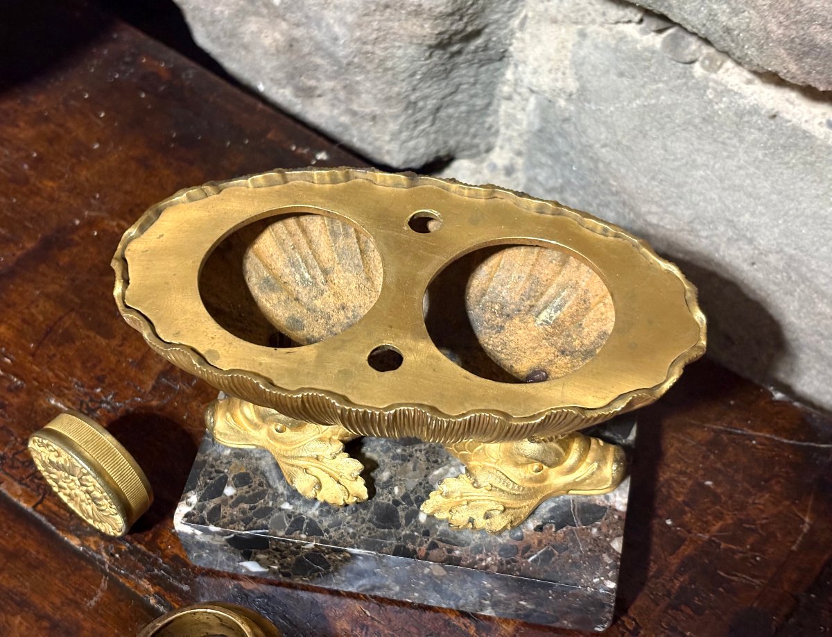 Empire Style Inkwell In A Basket-shaped Form, Gilded Bronze (ormolu), Early 19th Century-photo-2