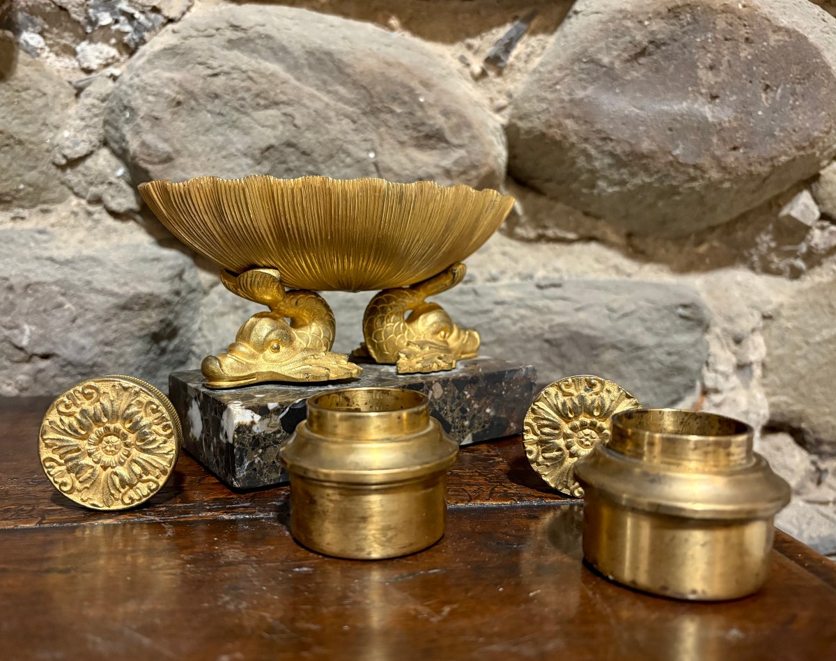 Empire Style Inkwell In A Basket-shaped Form, Gilded Bronze (ormolu), Early 19th Century-photo-3