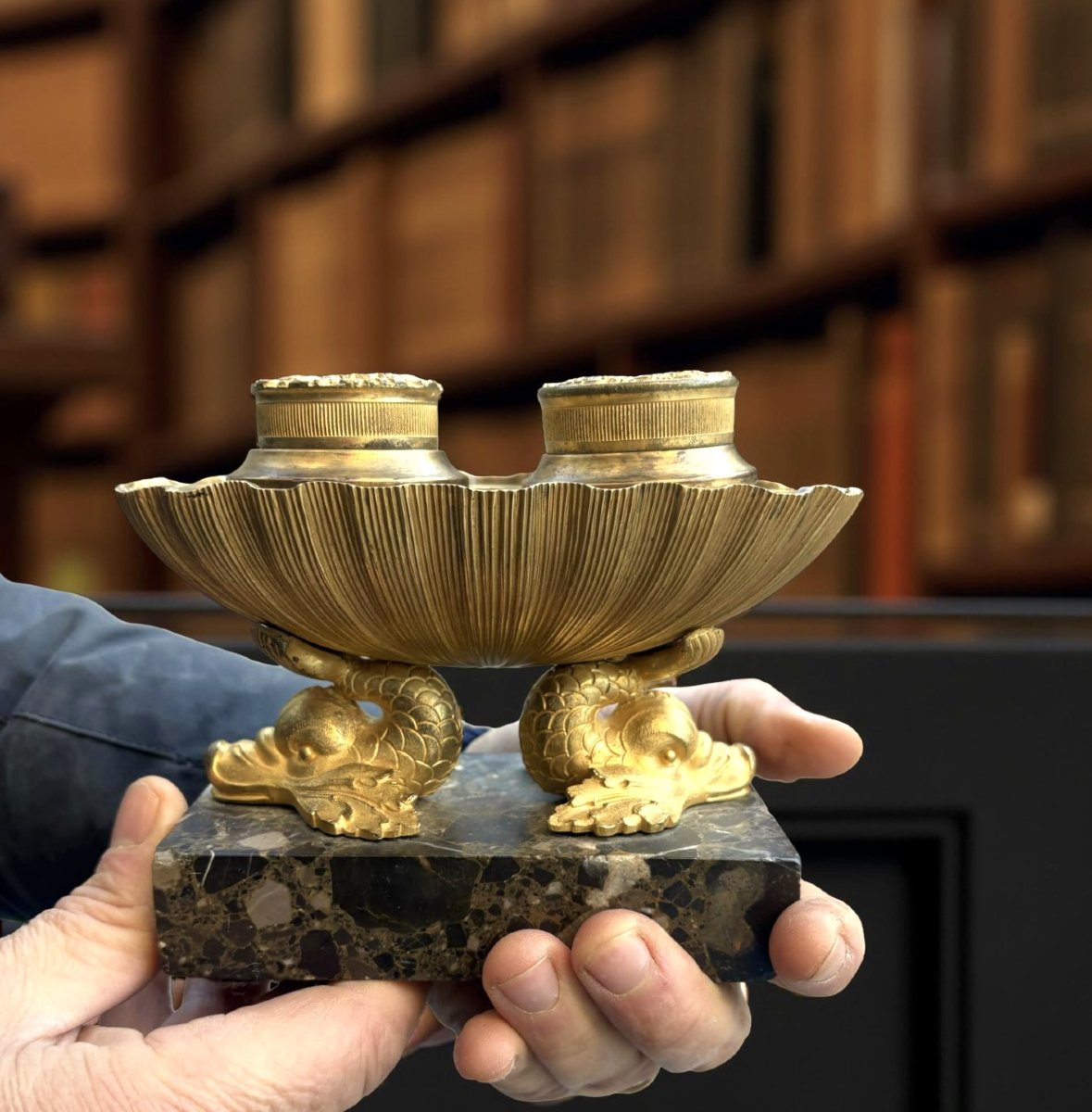 Empire Style Inkwell In A Basket-shaped Form, Gilded Bronze (ormolu), Early 19th Century-photo-6