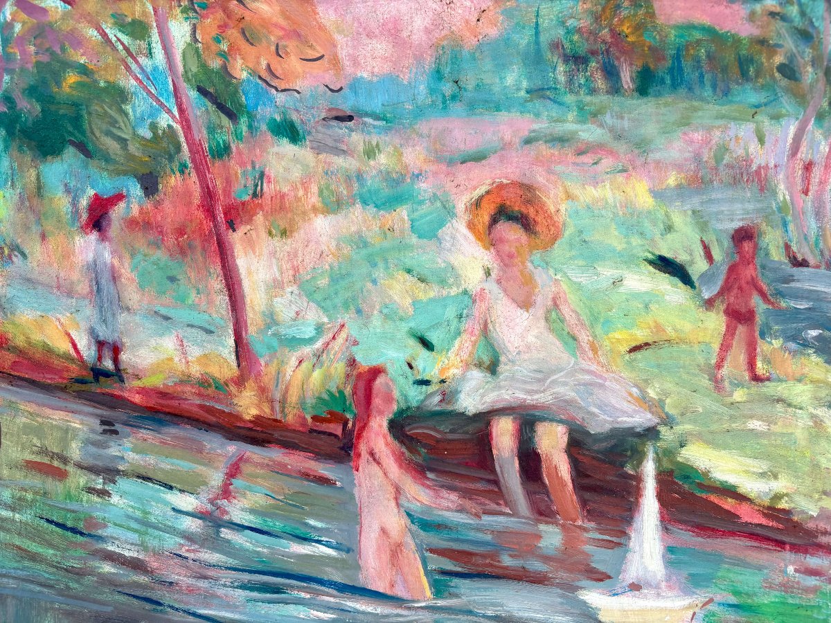 French Post-impressionist School, "figures On The River," Early 20th Century-photo-3