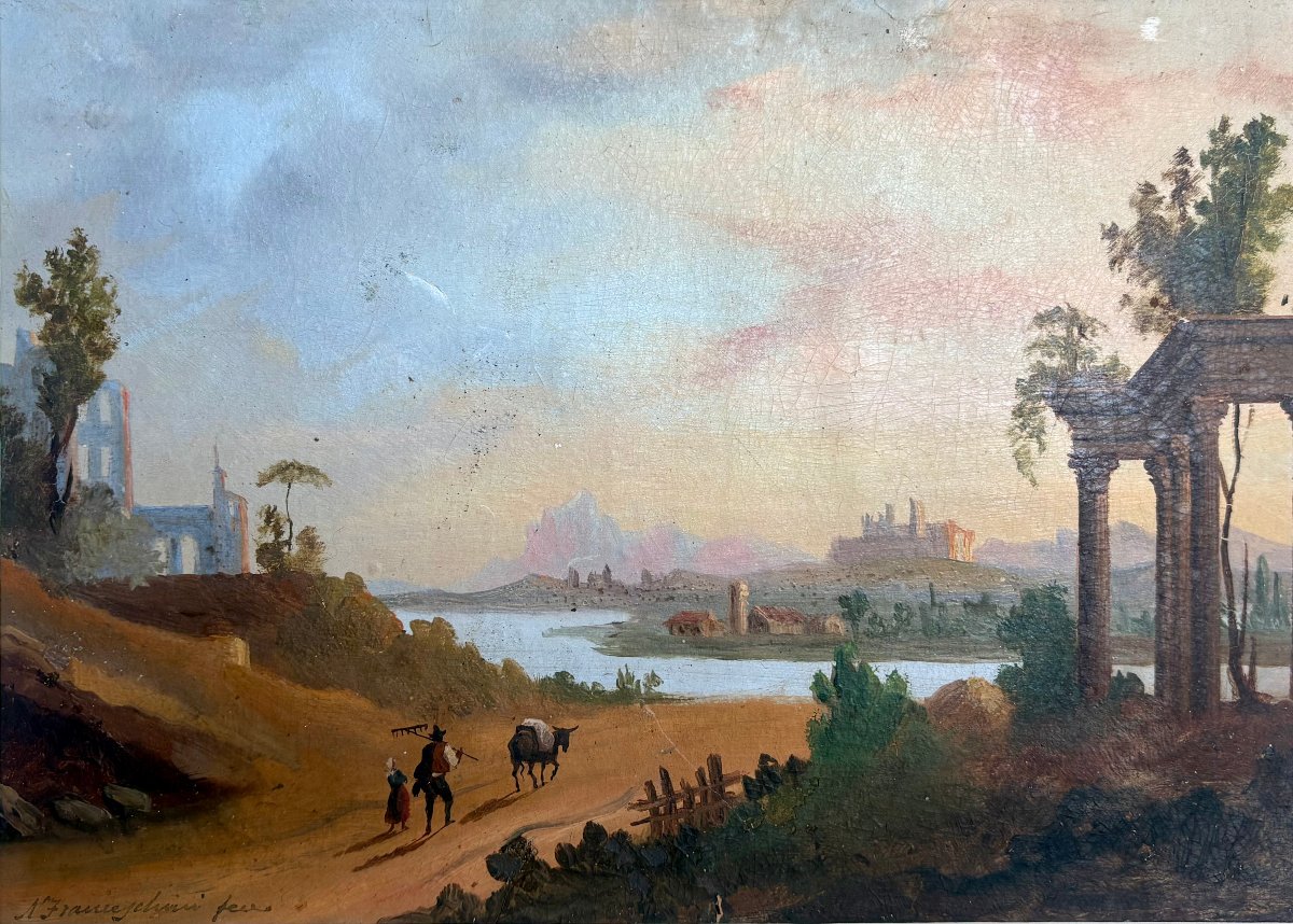 Ecole de Posillipo Vue Napolitaine Huile sur Papier signé Franceschini -photo-2