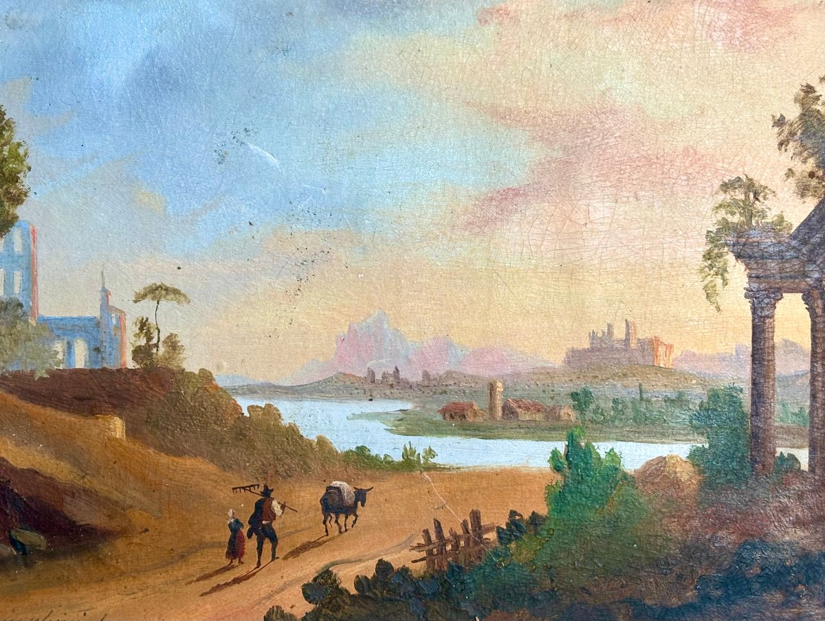 Ecole de Posillipo Vue Napolitaine Huile sur Papier signé Franceschini -photo-3