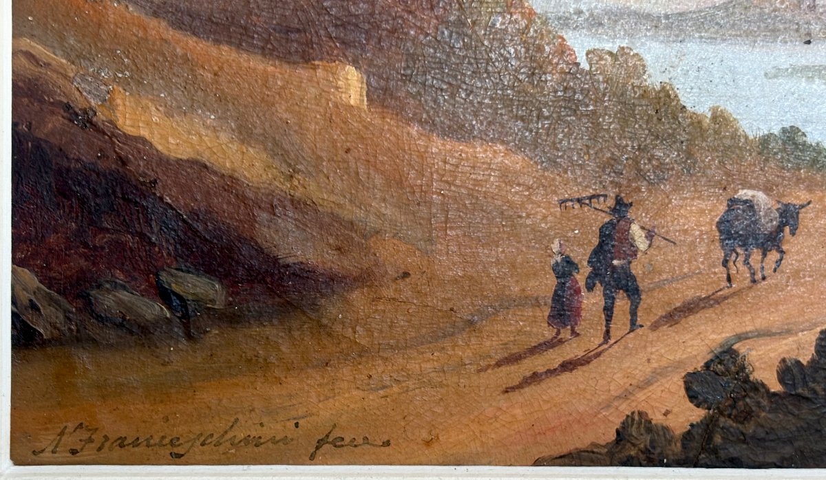 Ecole de Posillipo Vue Napolitaine Huile sur Papier signé Franceschini -photo-4