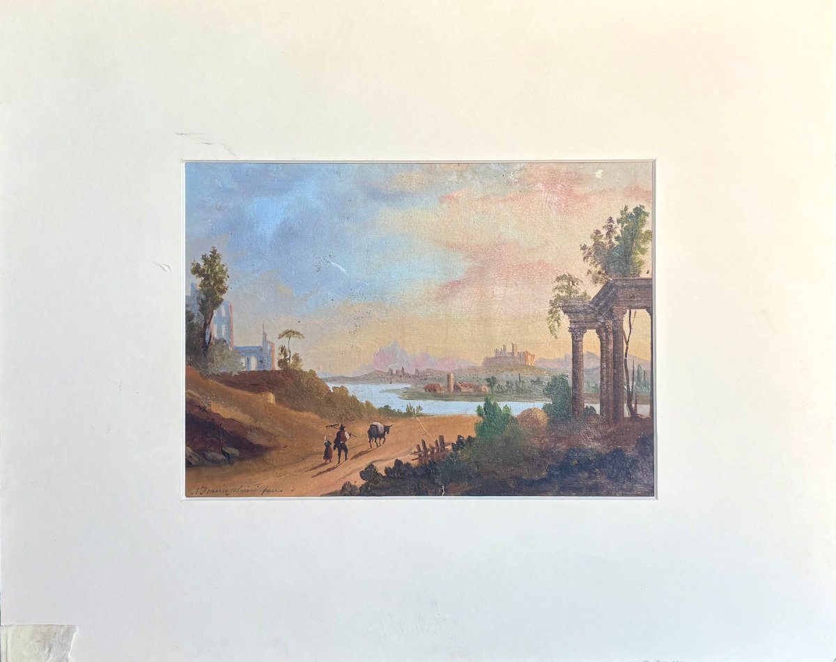 Ecole de Posillipo Vue Napolitaine Huile sur Papier signé Franceschini 