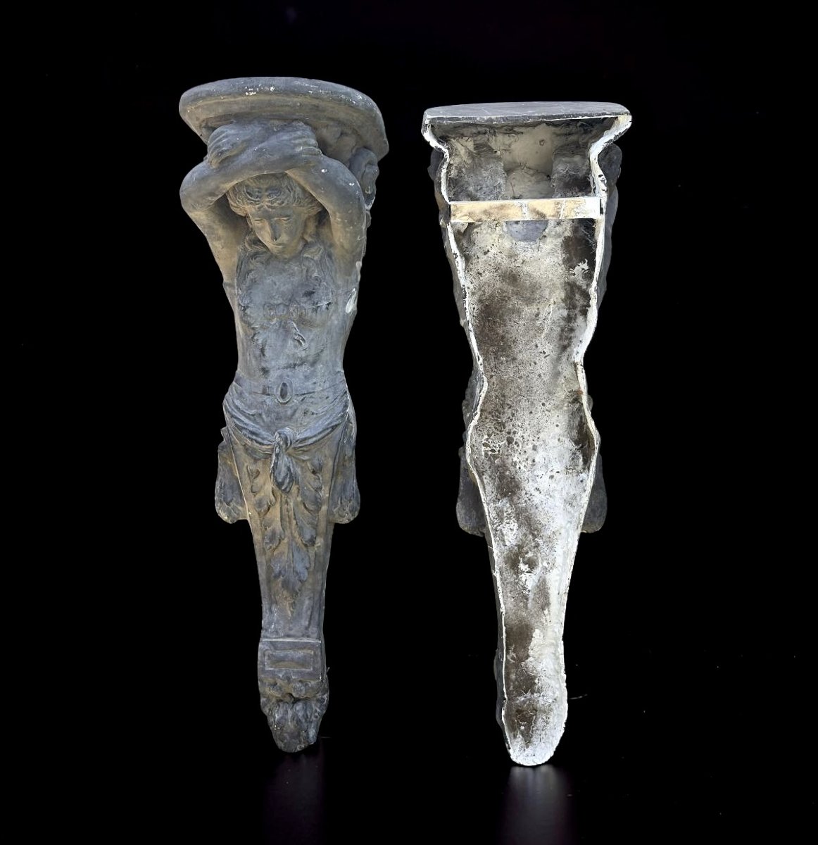 Pair Of Large Gray Lacquered Caryatids Consoles Or Shelves, 20th Century-photo-3