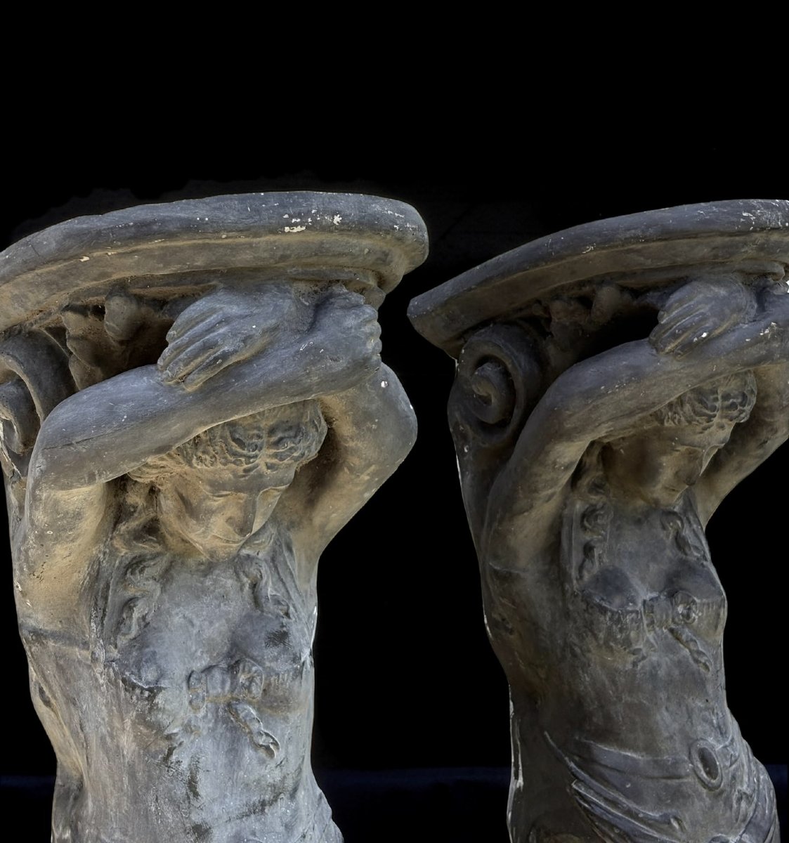 Pair Of Large Gray Lacquered Caryatids Consoles Or Shelves, 20th Century-photo-2