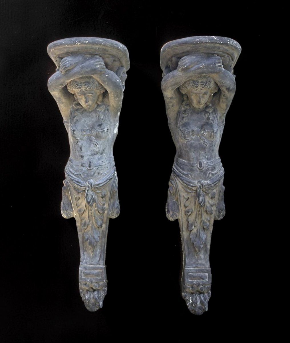 Pair Of Large Gray Lacquered Caryatids Consoles Or Shelves, 20th Century