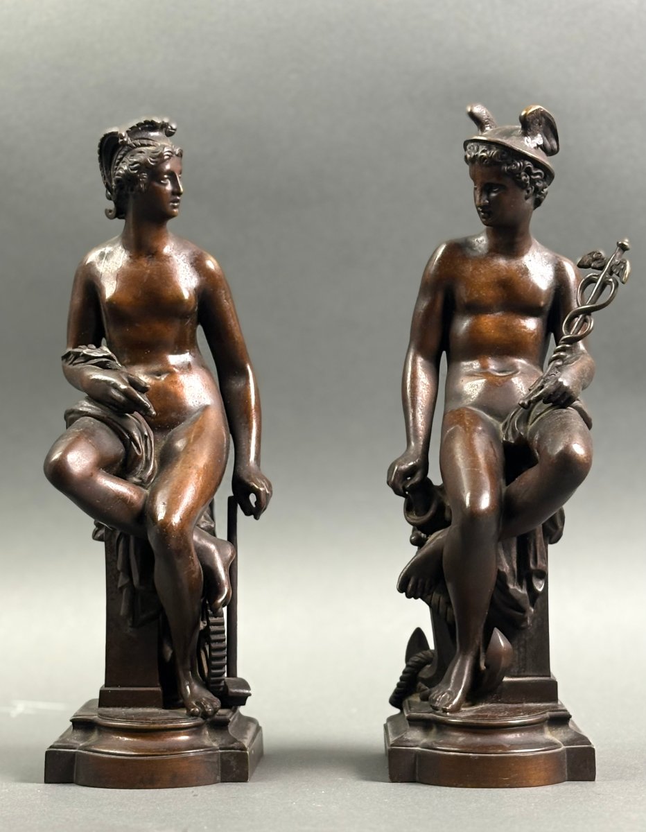 19th Pair Of Neoclassical Sculptures In Patinated Bronze From The Late Grand Tour 