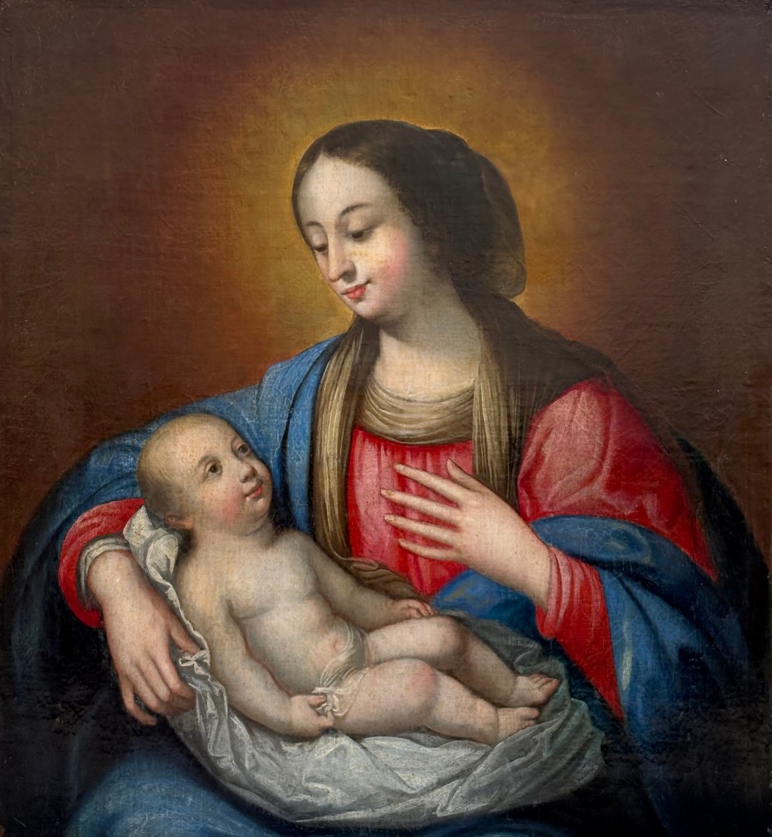 « Vierge à l'Enfant », École italienne, Huile sur Toile XVIIIe siècle  