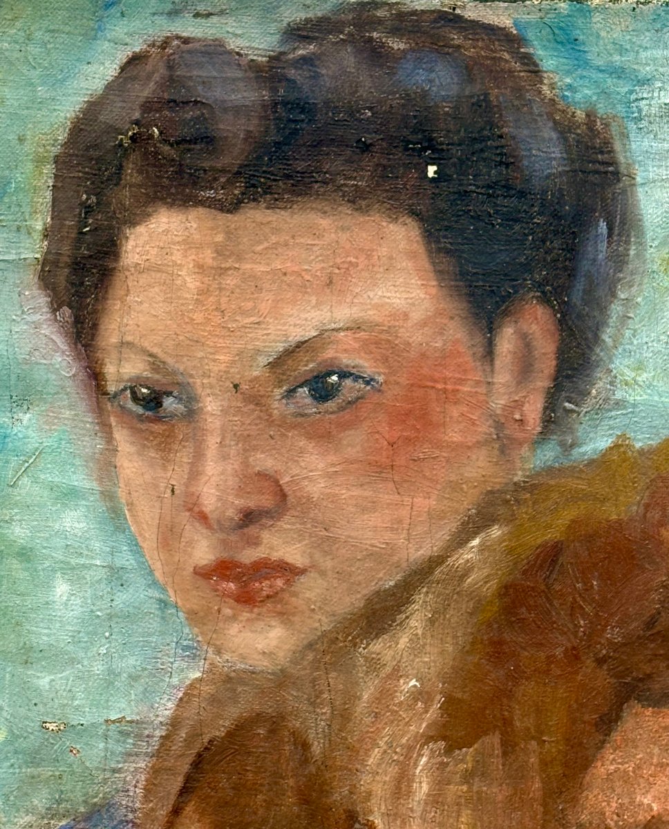 "portrait Of A Woman In A Fur Coat" French Expressionist School, Signed And Dated-photo-3