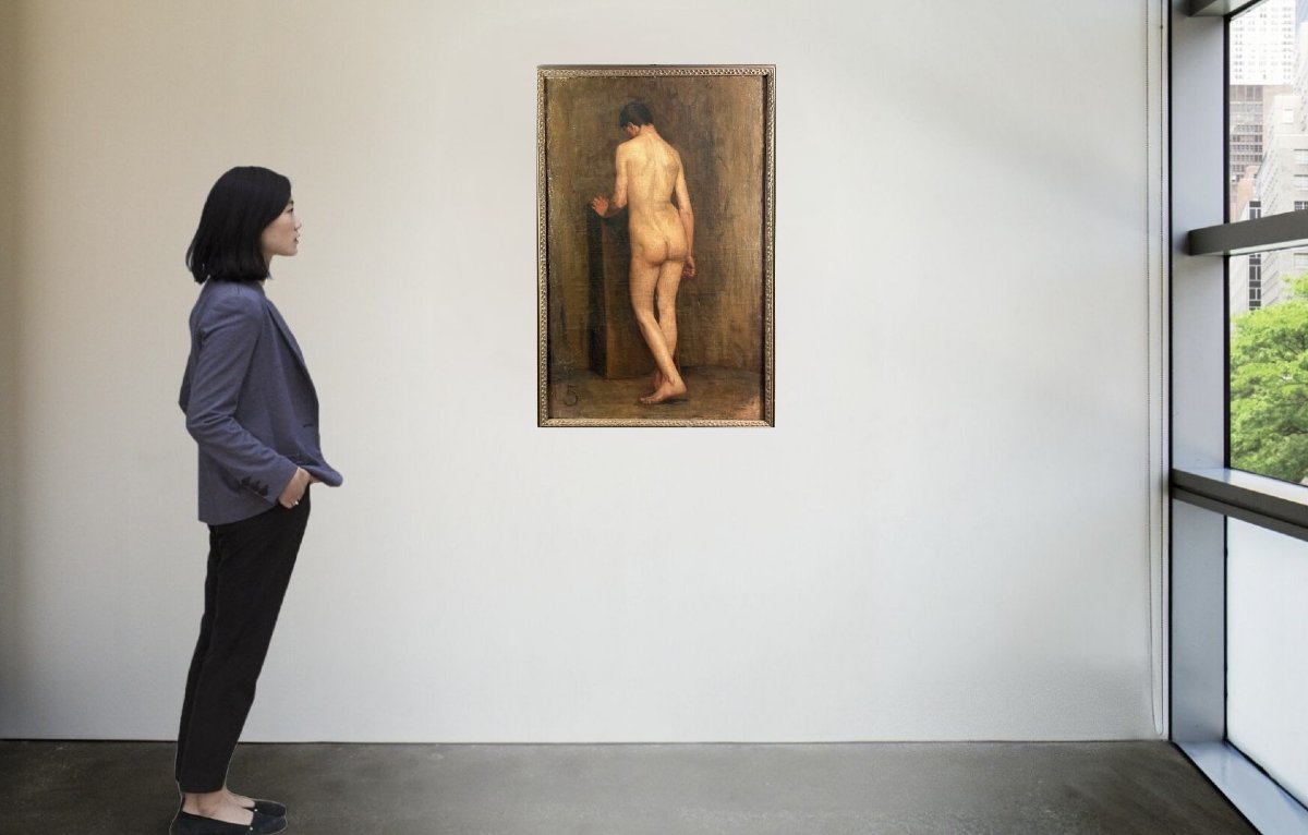 Grand Nu Masculin Académie, Huile sur Toile, fin XIXe/début XXe siècle-photo-2