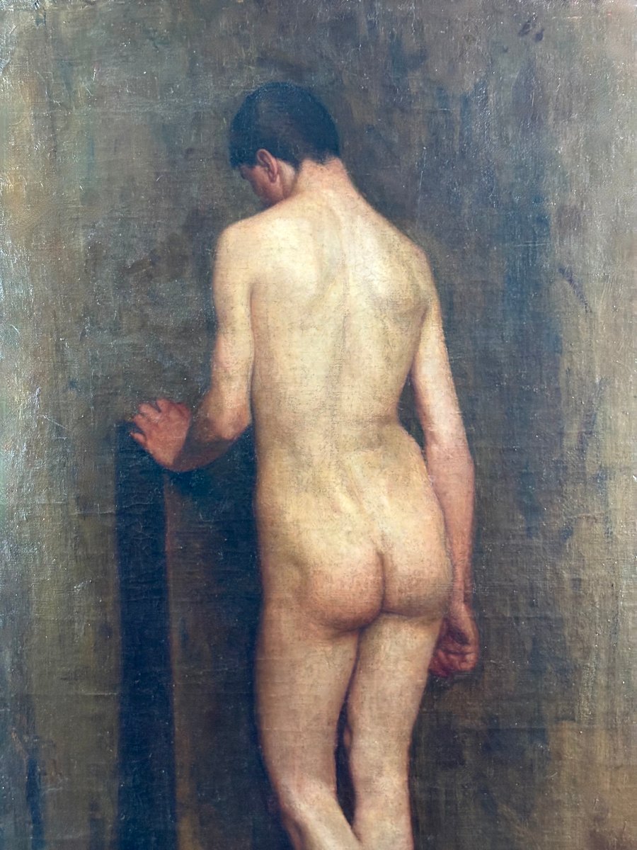 Grand Nu Masculin Académie, Huile sur Toile, fin XIXe/début XXe siècle-photo-3