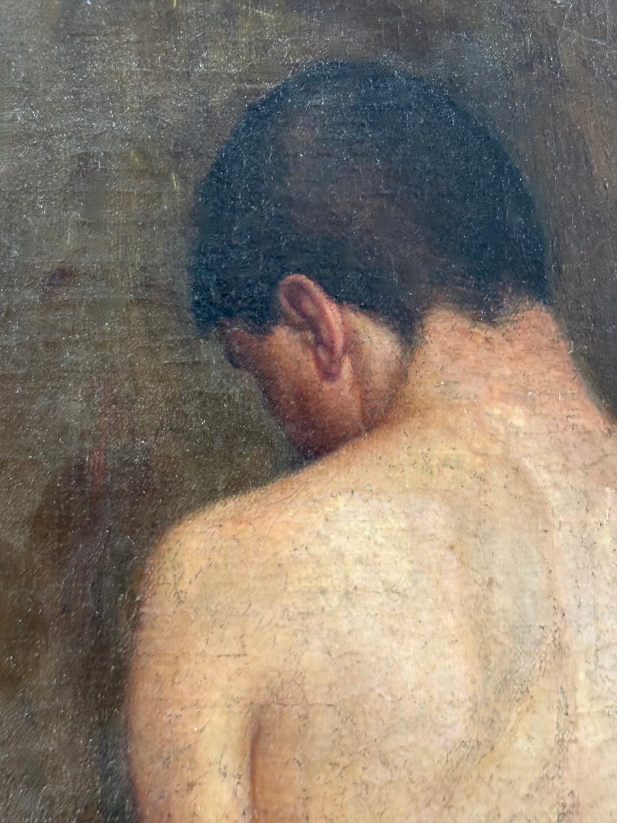 Grand Nu Masculin Académie, Huile sur Toile, fin XIXe/début XXe siècle-photo-4